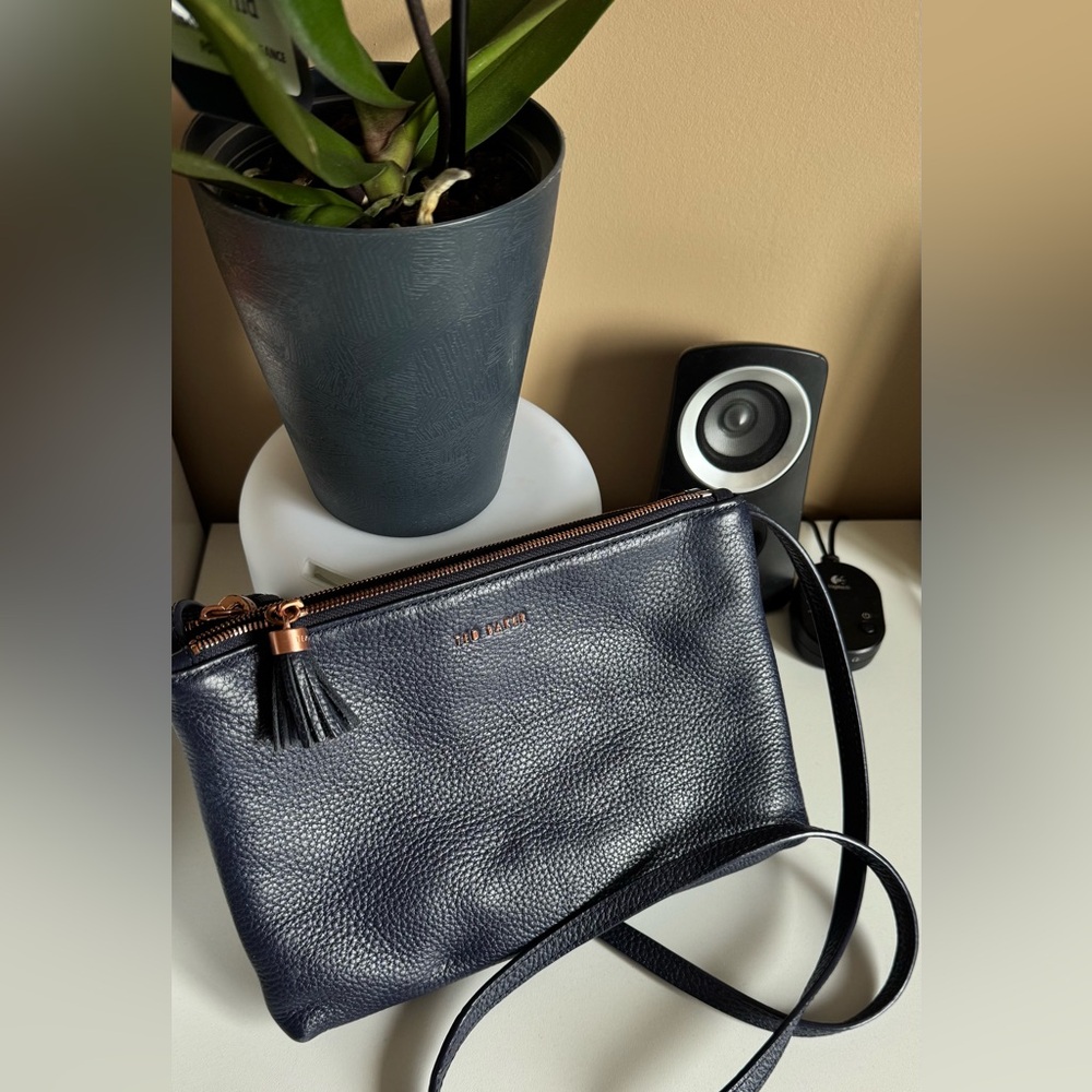 Ted Baker Navy Blue Pebbled Leather Crossbody Bag with Tassel